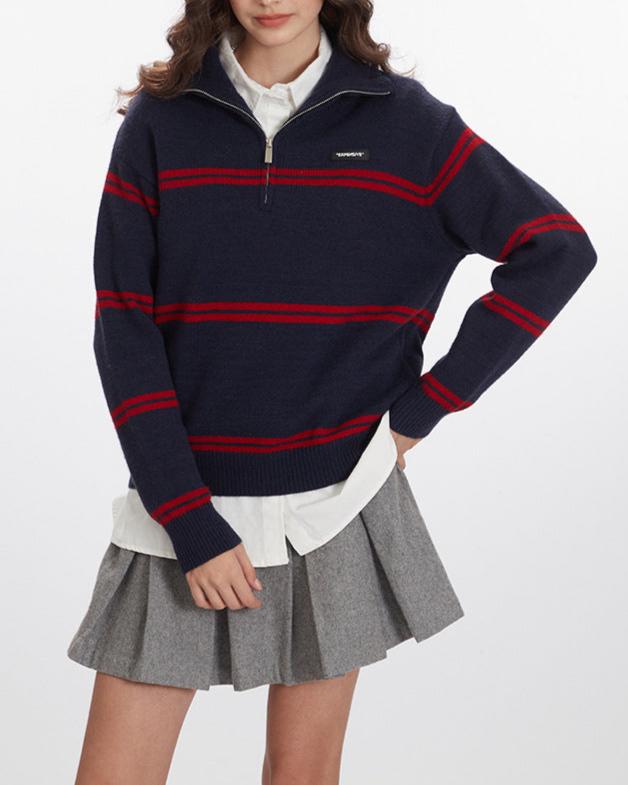 復古翻領半拉鏈毛衣