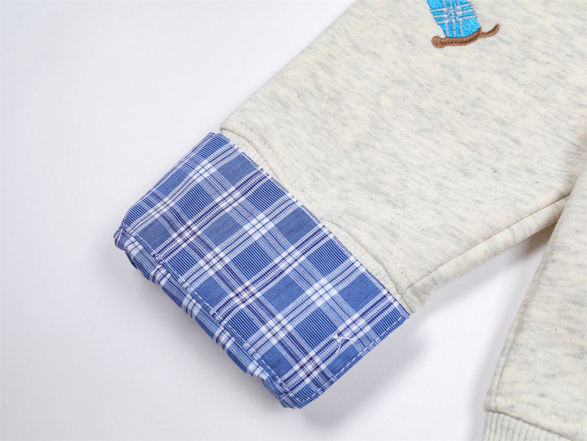 Spliced plaid fake two-piece polo sweatshirt
