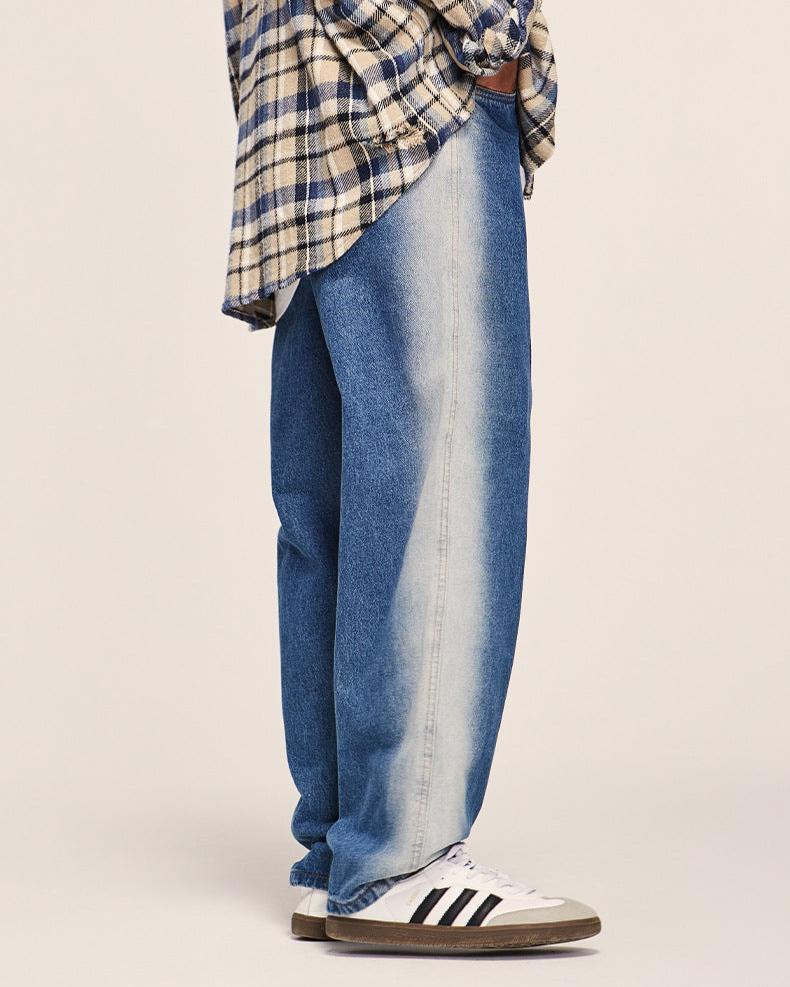 做舊破洞牛仔直筒長褲