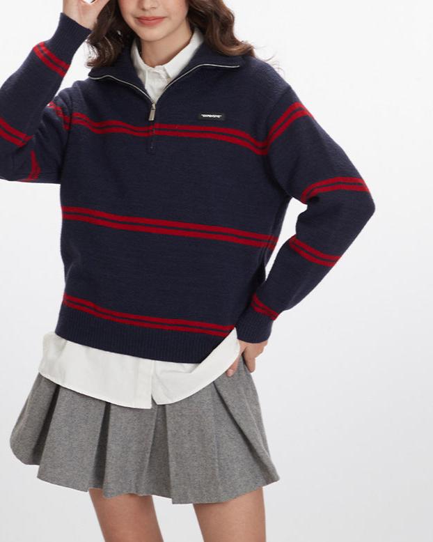 復古翻領半拉鏈毛衣