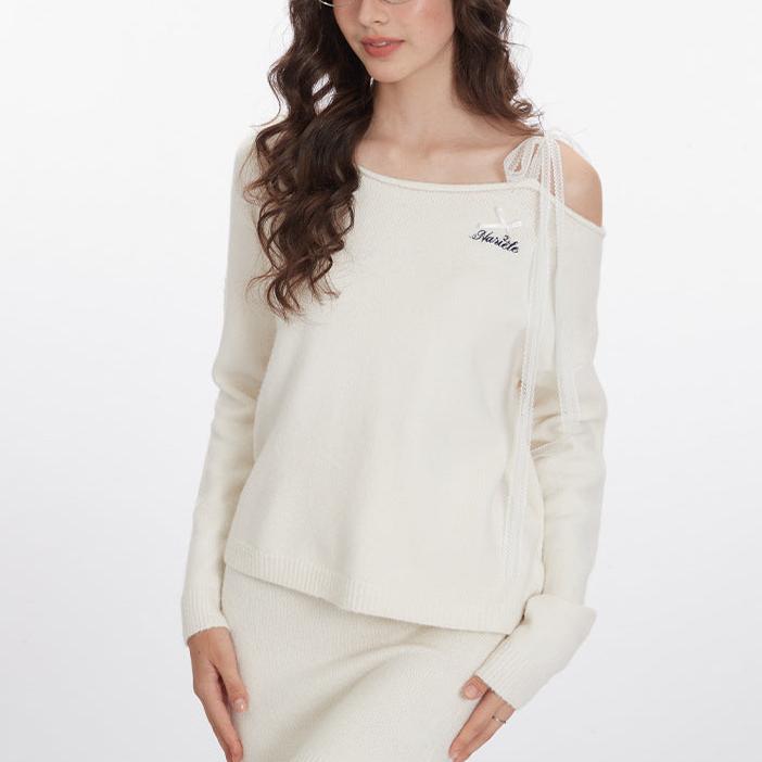 復古寬鬆一字領飄帶毛衣(女款)