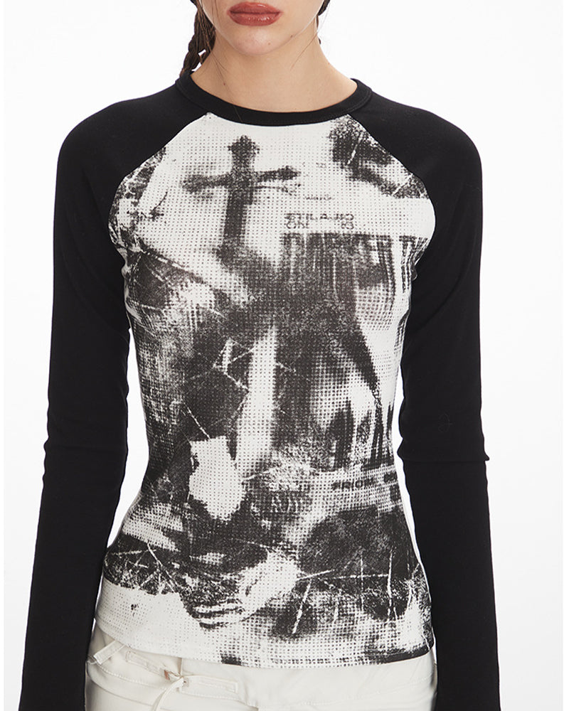 Women's Retro Print Raglan Sleeve Top