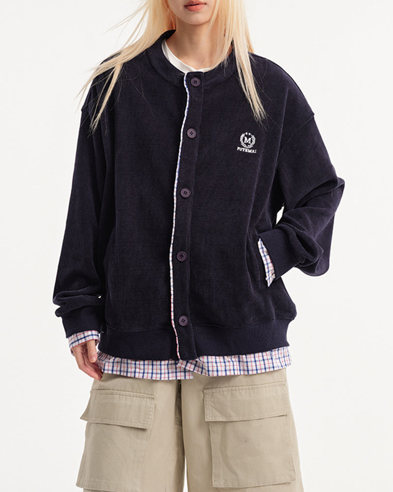 復古格子拼接假兩件開衫