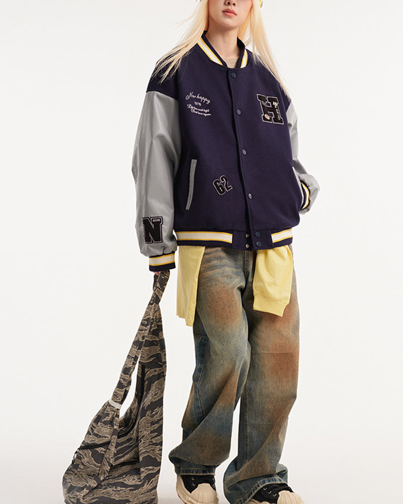 Retro embroidered contrast color baseball jacket