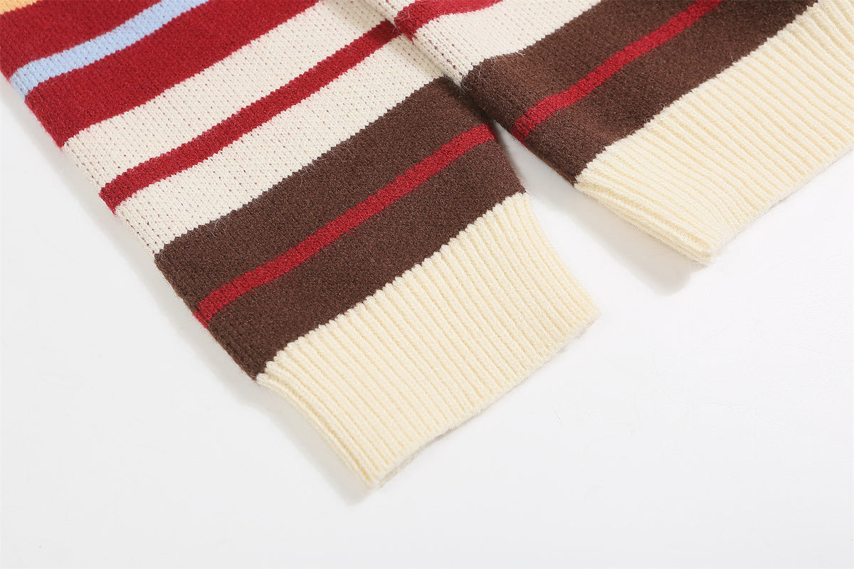 striped stand collar cardigan sweater