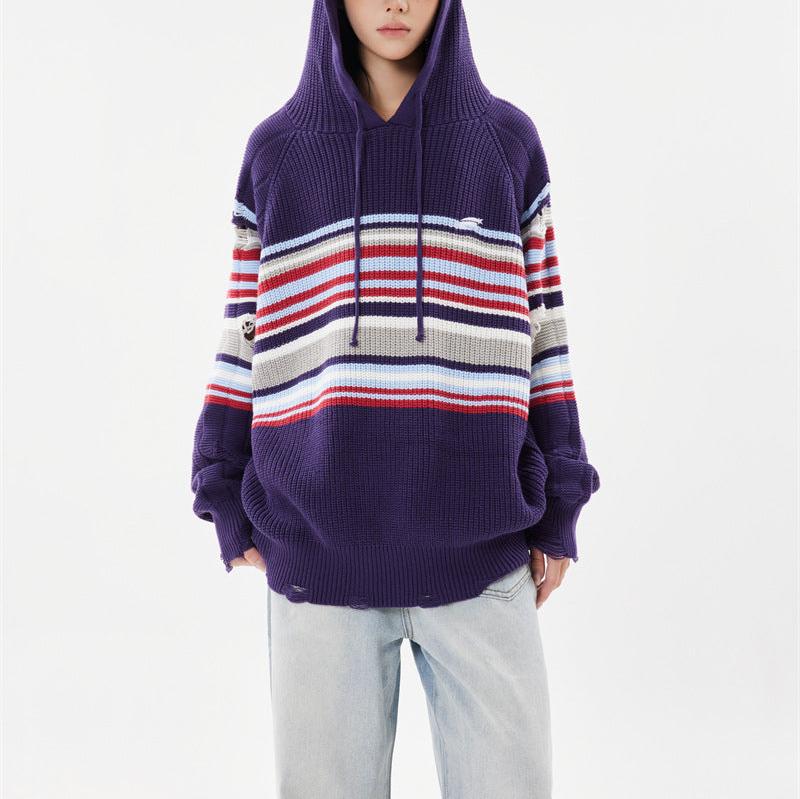 復古撞色條紋連帽衛衣