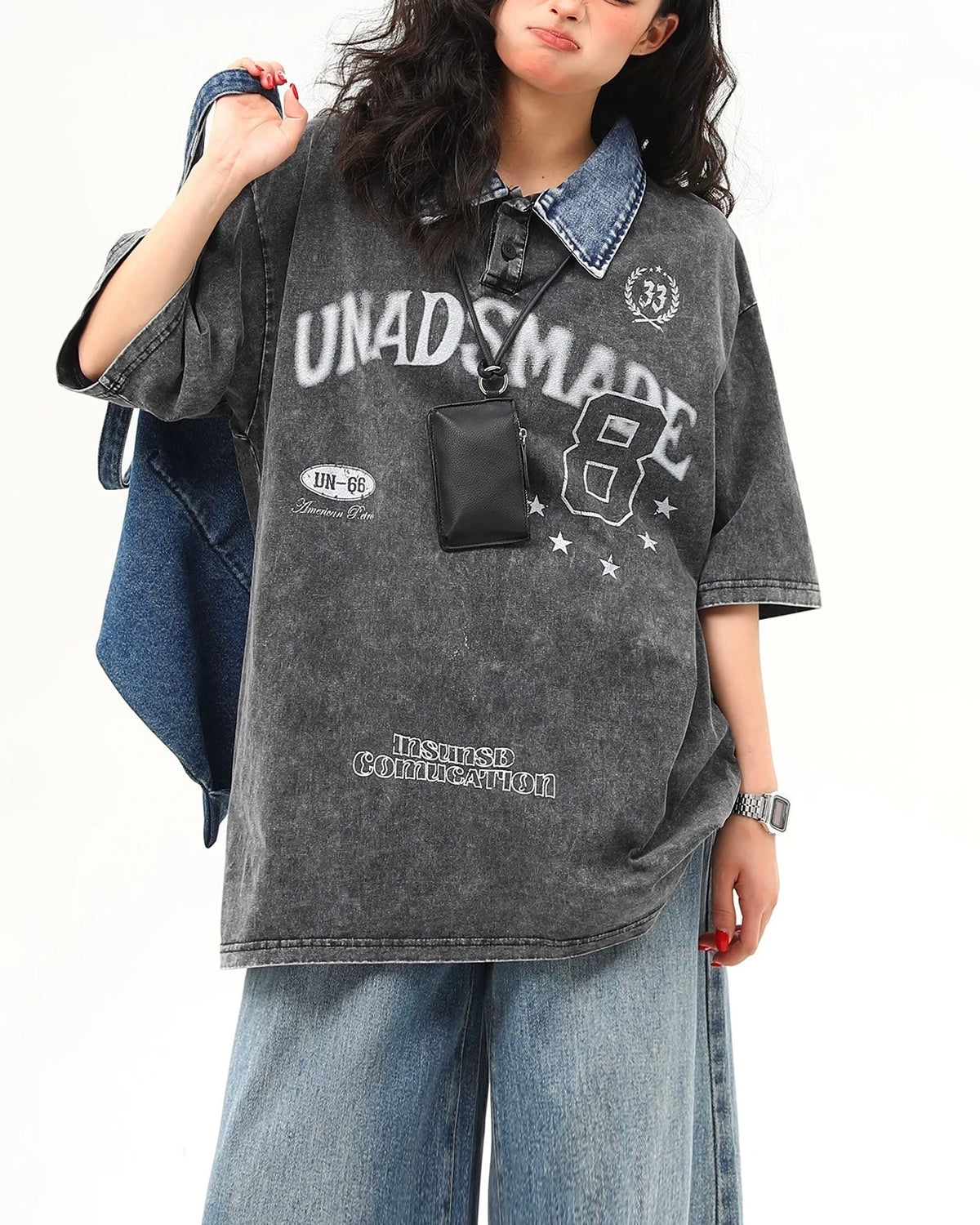 水洗拼接翻領短袖