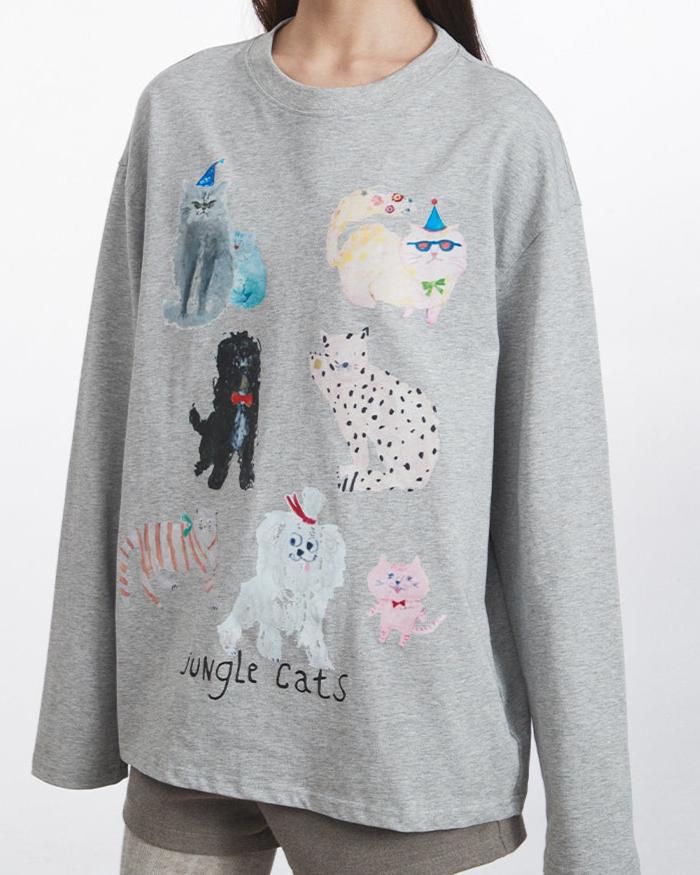 Retro casual cat crew neck top