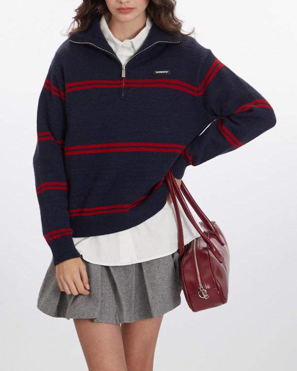 復古翻領半拉鏈毛衣