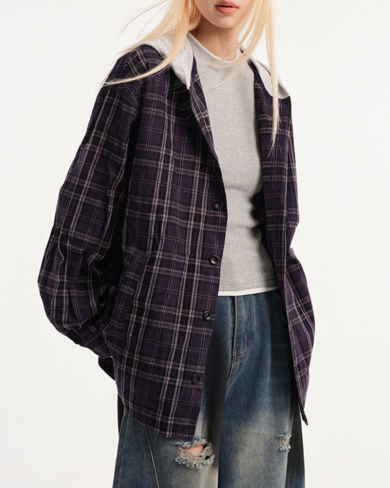 Paneled Check Hooded Shirt
