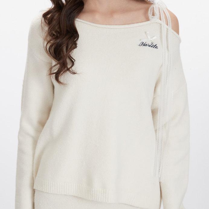 復古寬鬆一字領飄帶毛衣(女款)