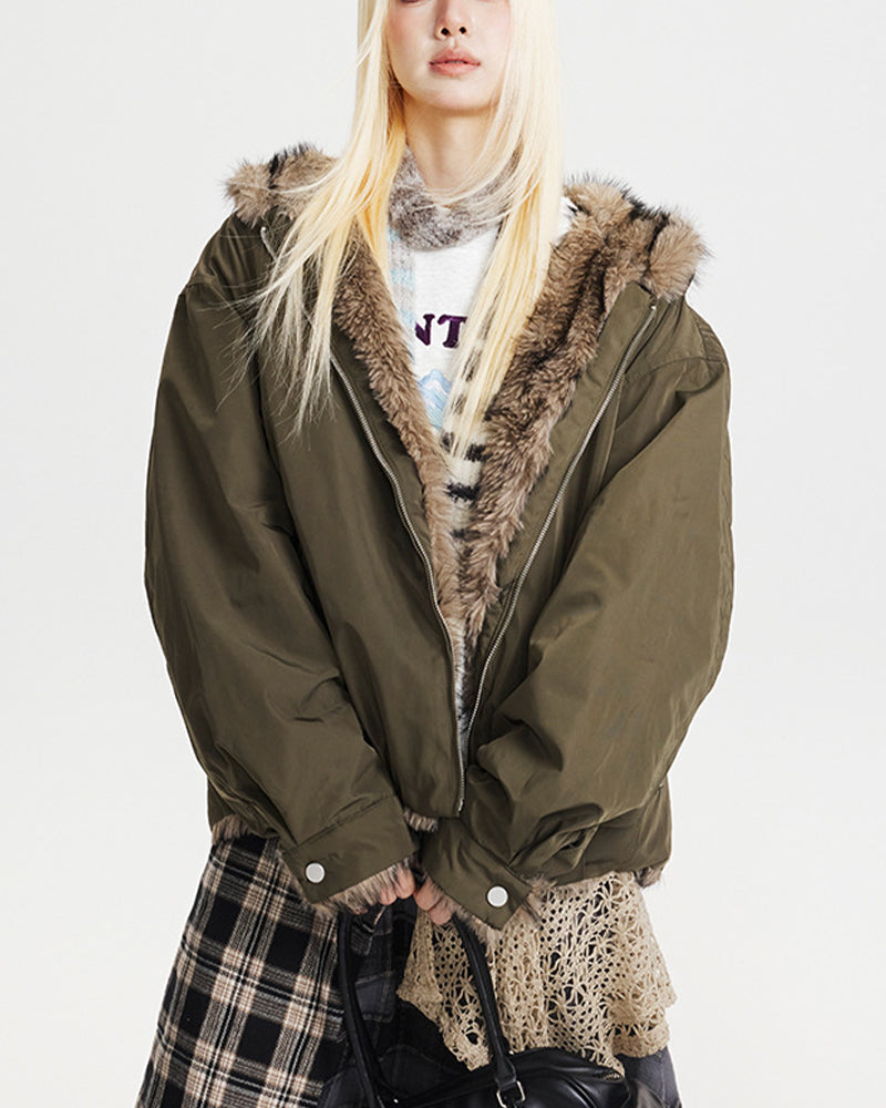 Hooded cotton-padded jacket with fur collar