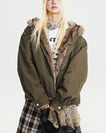 Hooded cotton-padded jacket with fur collar