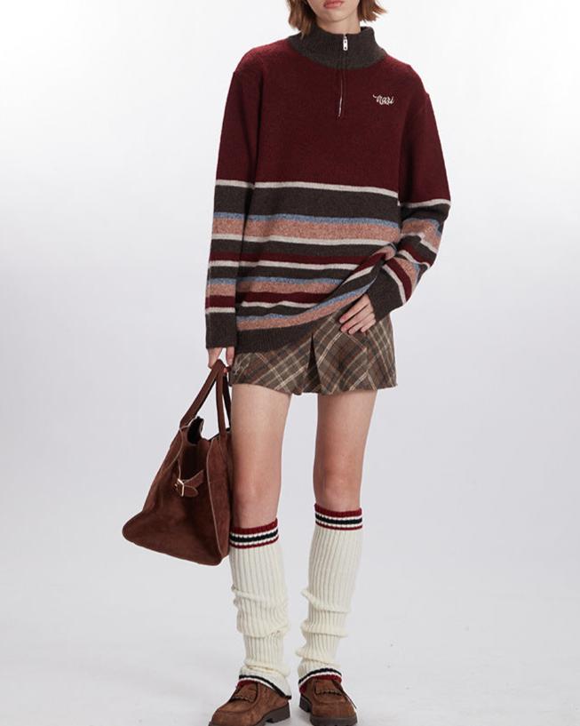 Retro contrast striped crew neck sweater