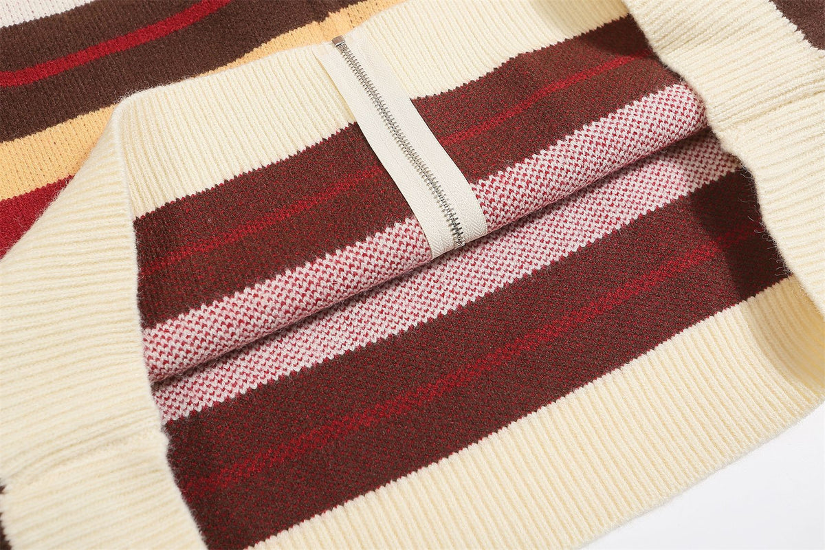 striped stand collar cardigan sweater