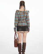 Slant collar plaid waist top (women's)