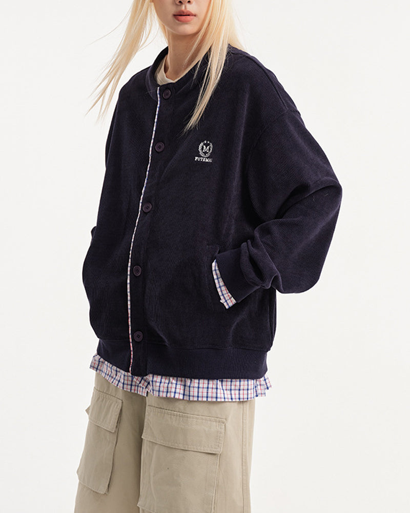 復古格子拼接假兩件開衫