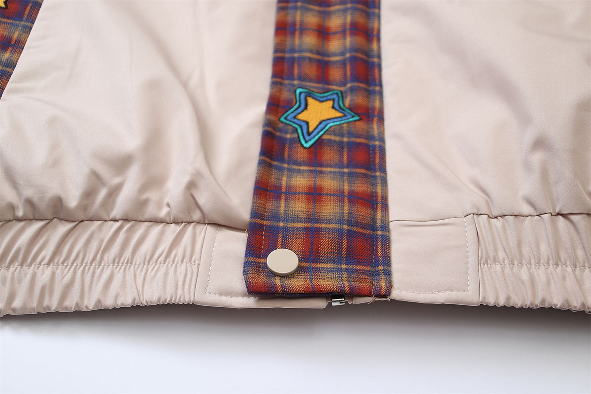 patchwork letter embroidered stand collar jacket