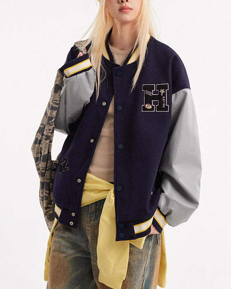 Retro embroidered contrast color baseball jacket