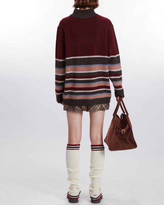 Retro contrast striped crew neck sweater