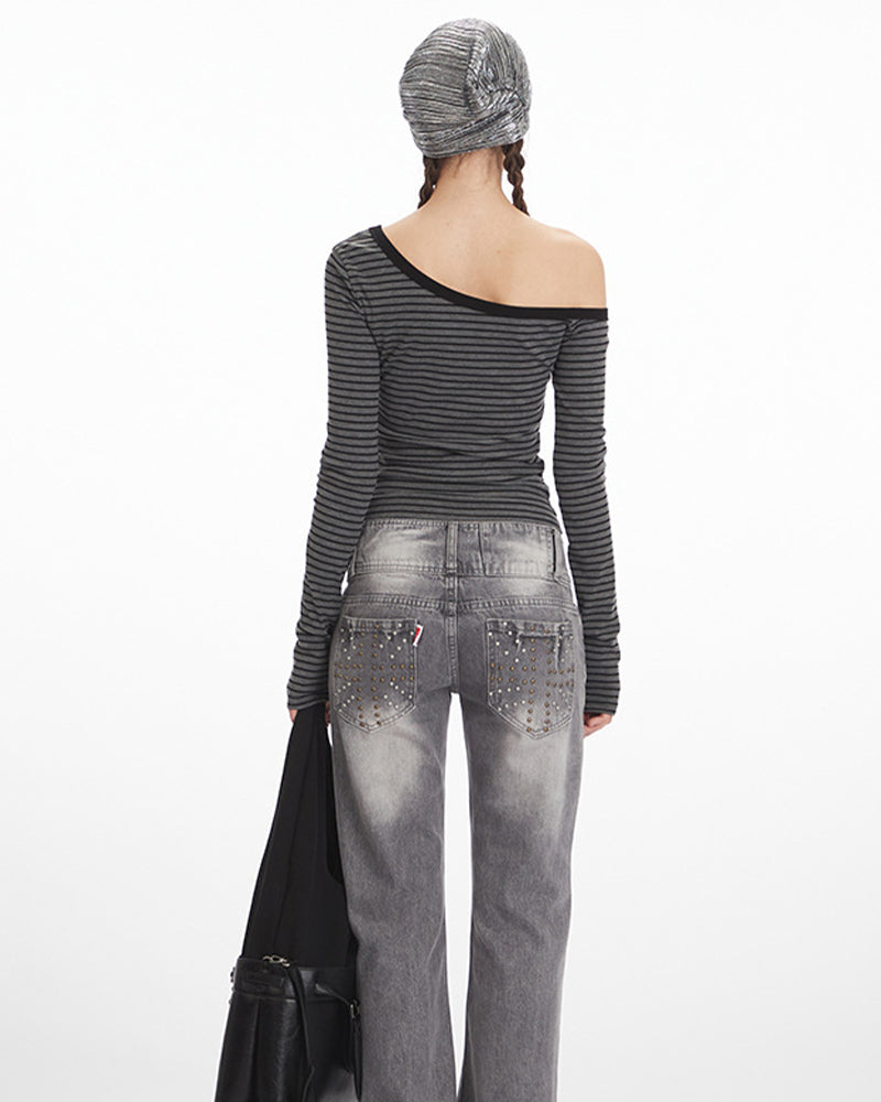 條紋斜肩長袖(女款)