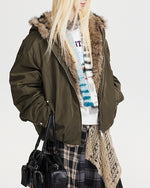 Hooded cotton-padded jacket with fur collar