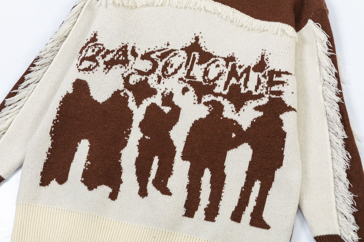 Retro contrasting raw edge crew neck sweater