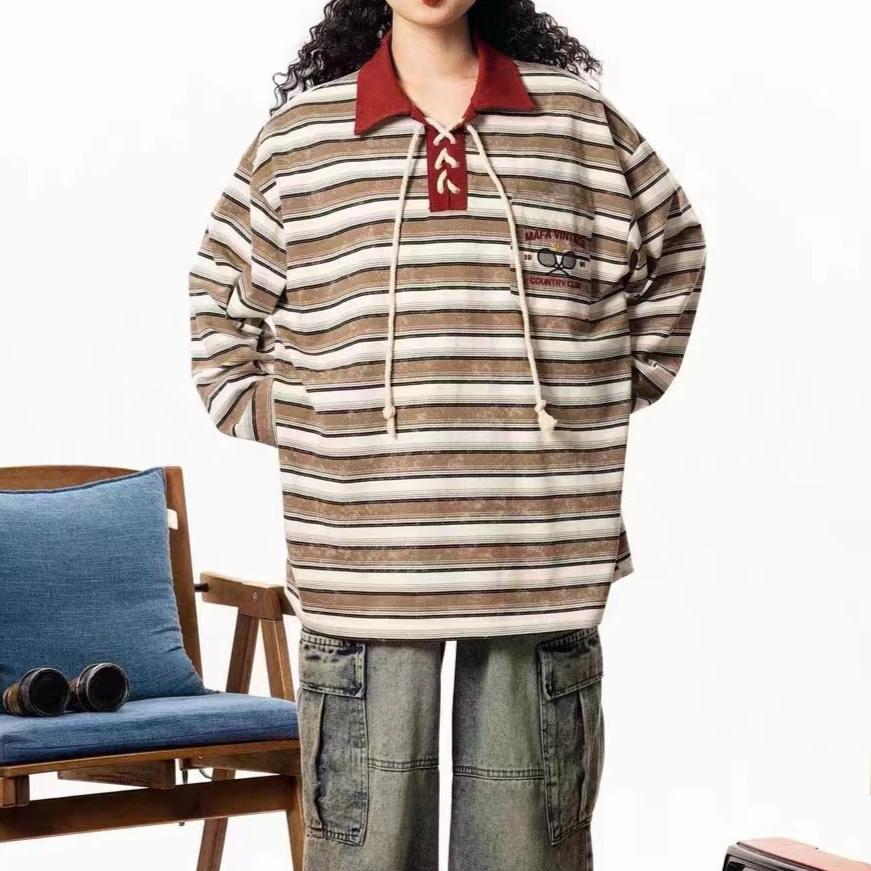 復古條紋情侶撞色polo衫