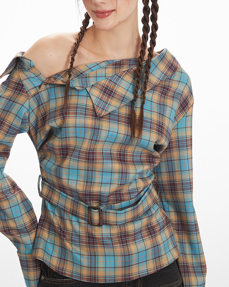 Slant collar plaid waist top (women's)
