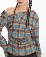 Slant collar plaid waist top (women's)