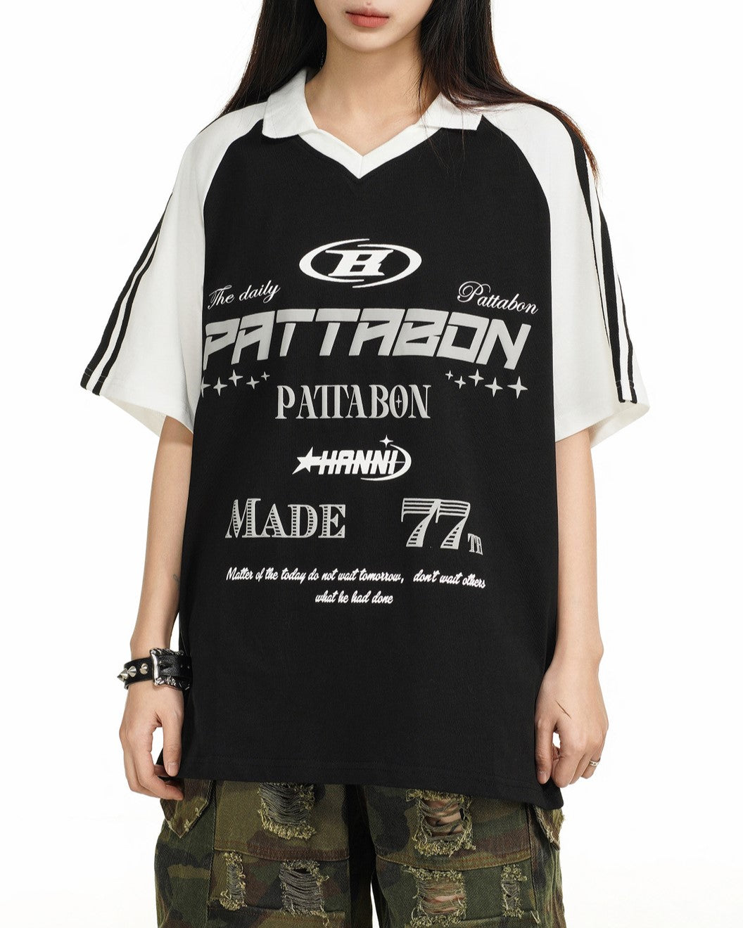 레트로 콘트라스트 프린트 반소매