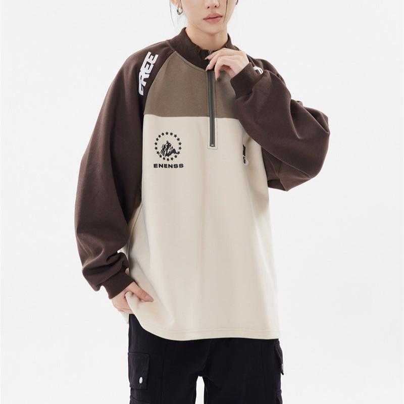 Retro stitching stand collar couple sweatshirt