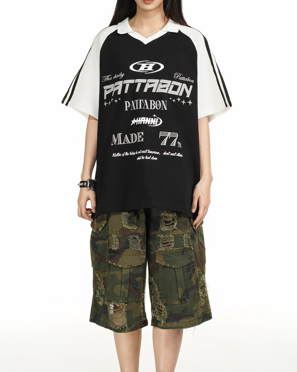 레트로 콘트라스트 프린트 반소매