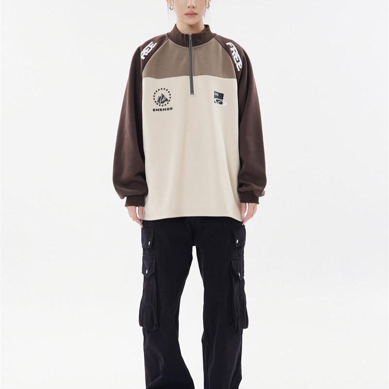 Retro stitching stand collar couple sweatshirt