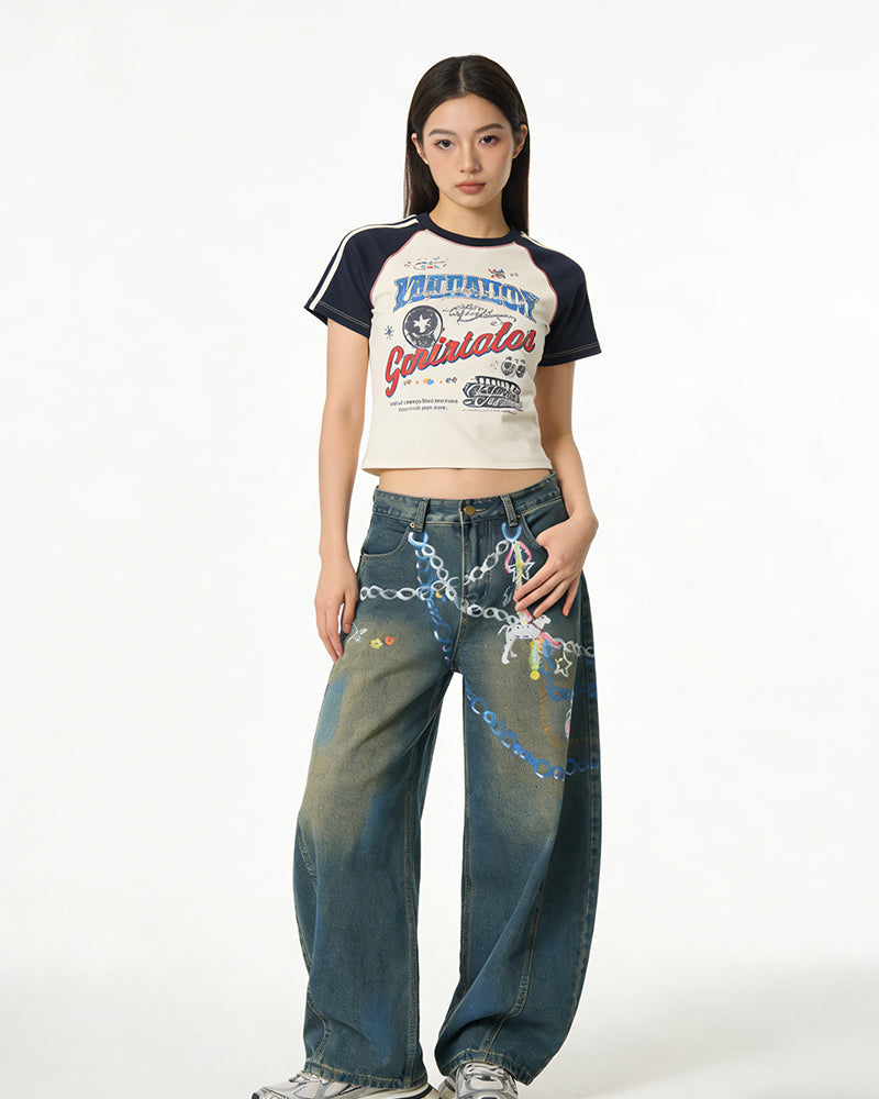 Distressed Washed Wide-Leg Jeans