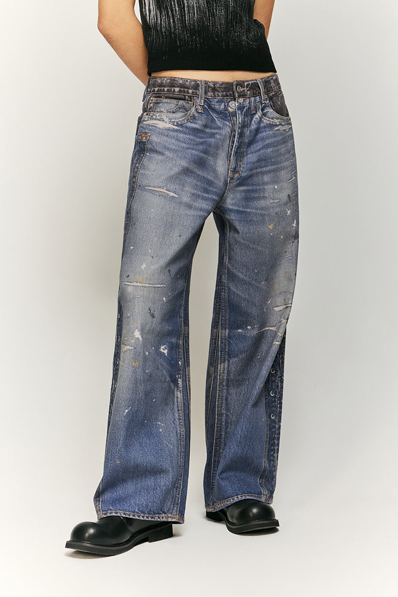 復古水洗破洞牛仔褲