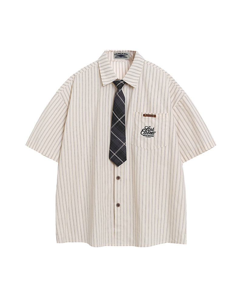 Vintage Striped Short Sleeve Shirt with Tie