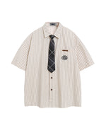 Vintage Striped Short Sleeve Shirt with Tie