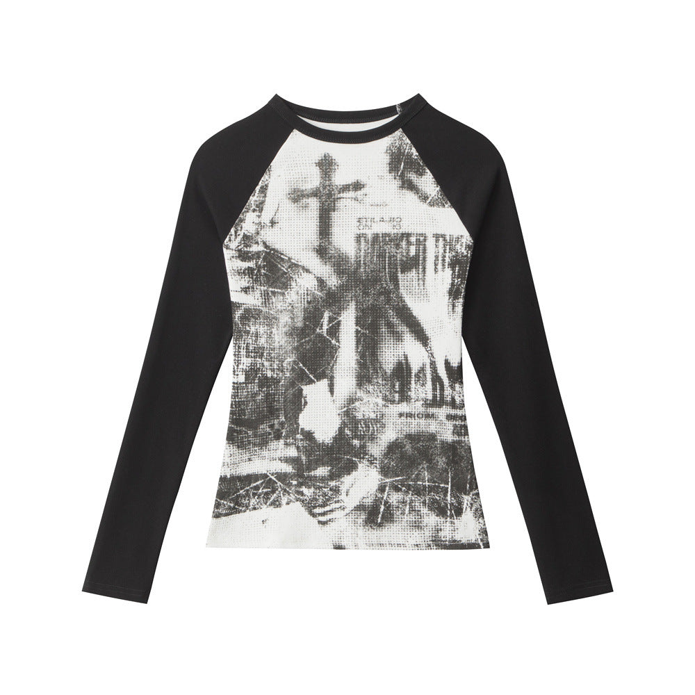 Women's Retro Print Raglan Sleeve Top