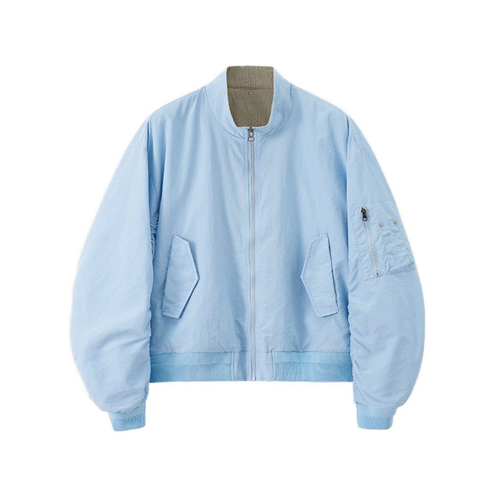 Casual stand-up collar plaid color-blocked baseball jacket