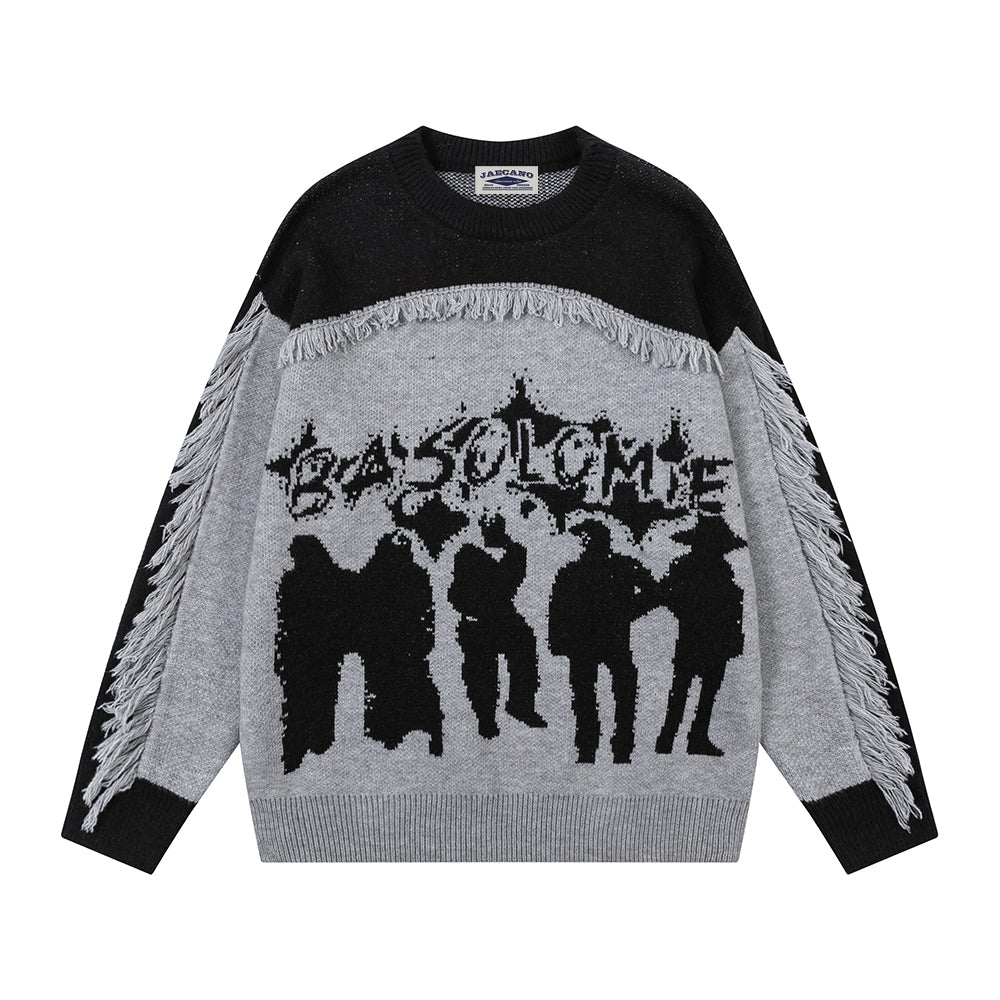 Retro contrasting raw edge crew neck sweater