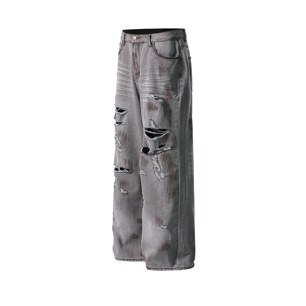 破洞水洗直筒牛仔褲