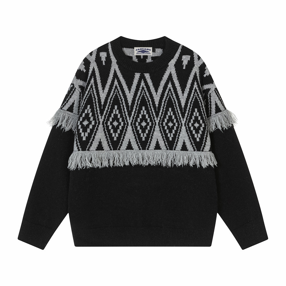 復古流蘇撞色圓領毛衣