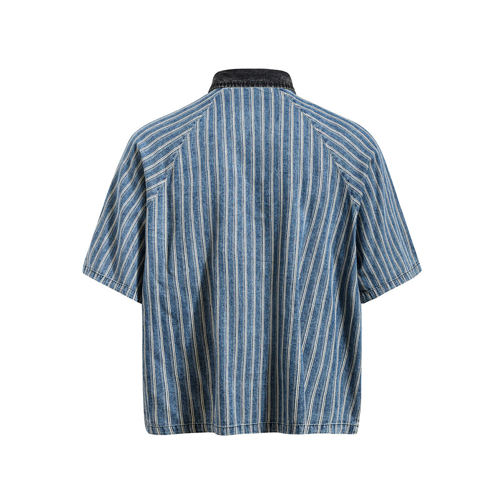 水洗拼接條紋短袖