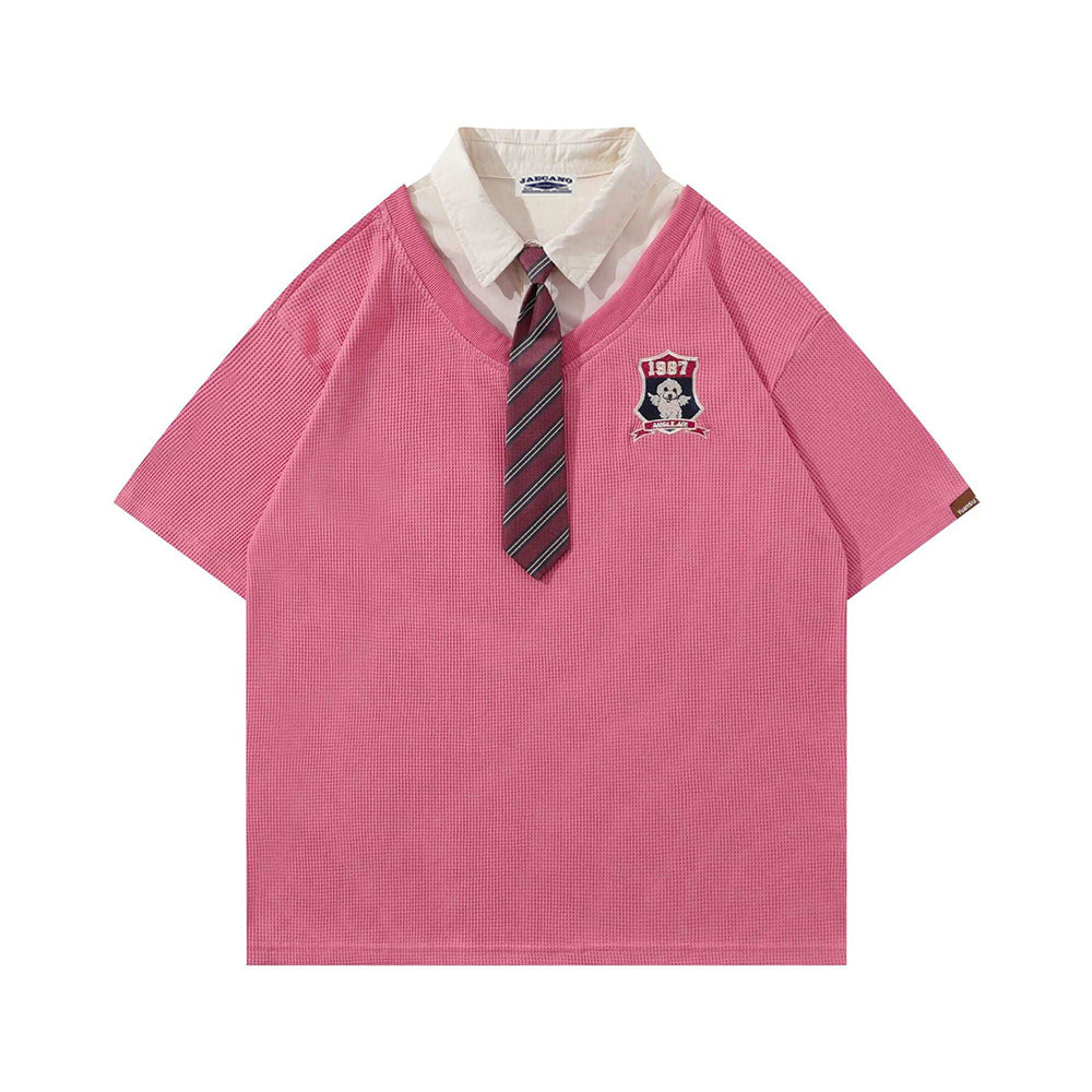 레트로 스티치 폴로 칼라 반소매