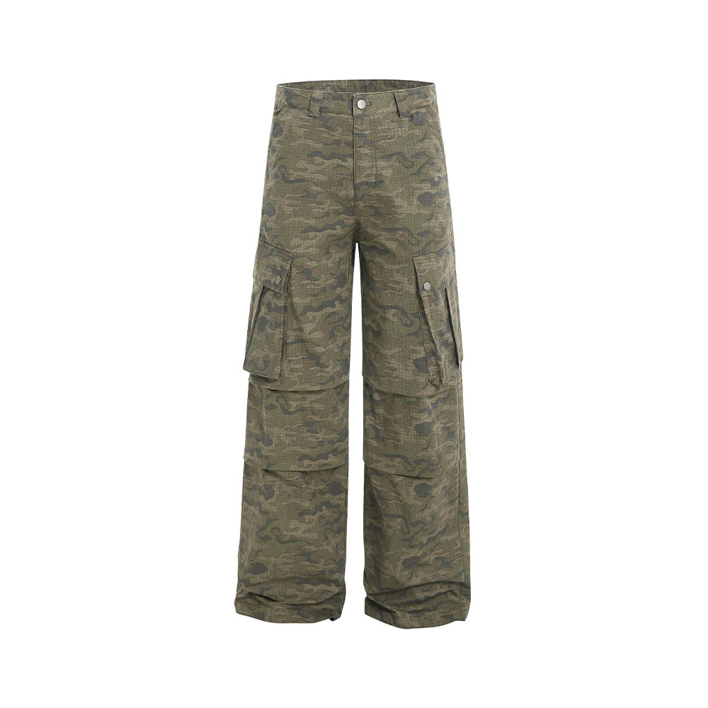 Camouflage multi-pocket straight-leg trousers