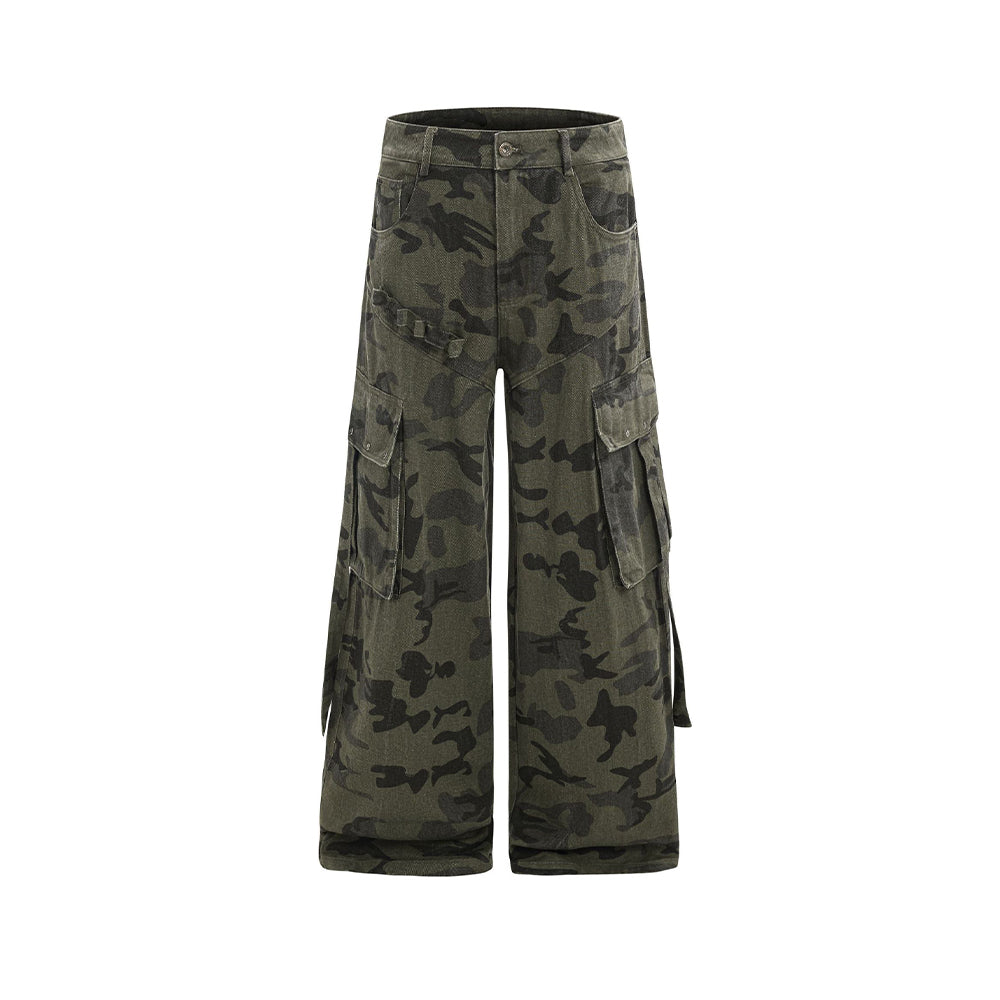 Multi-pocket heavy-duty wide-leg pants