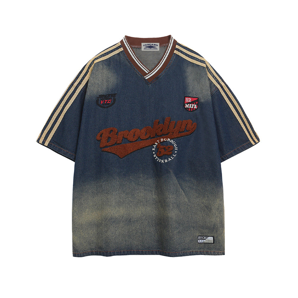 水洗刺綉牛仔短袖