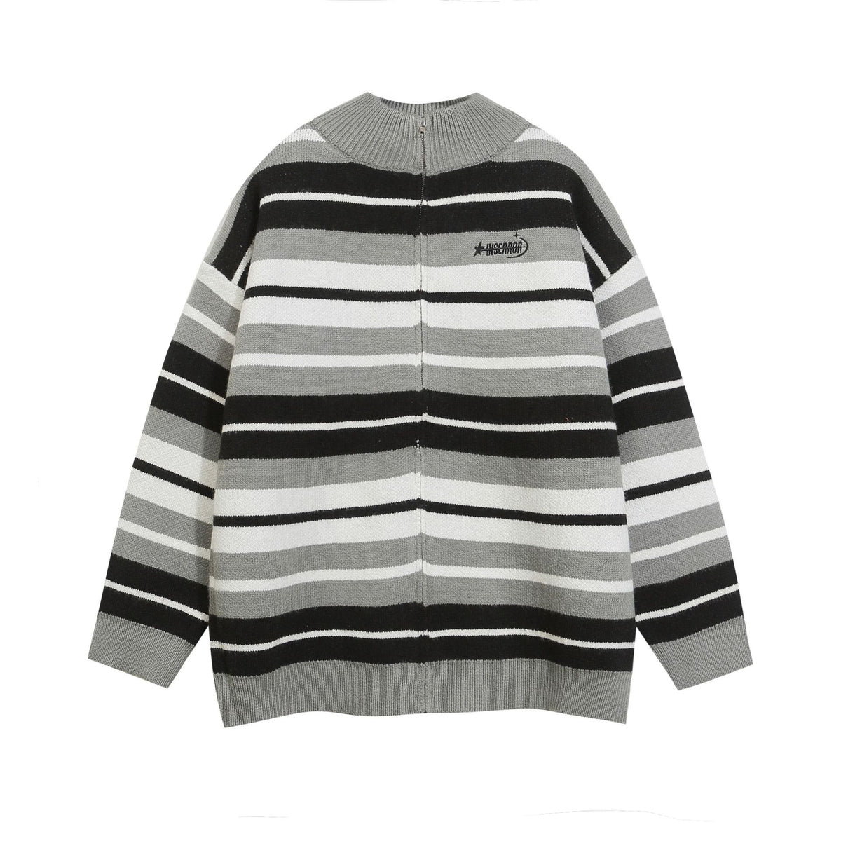 striped stand collar cardigan sweater