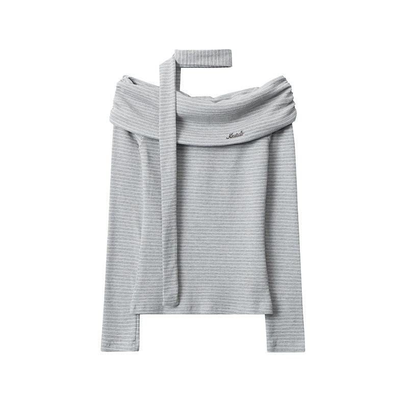 Striped contrasting one-shoulder long sleeves (women's style)